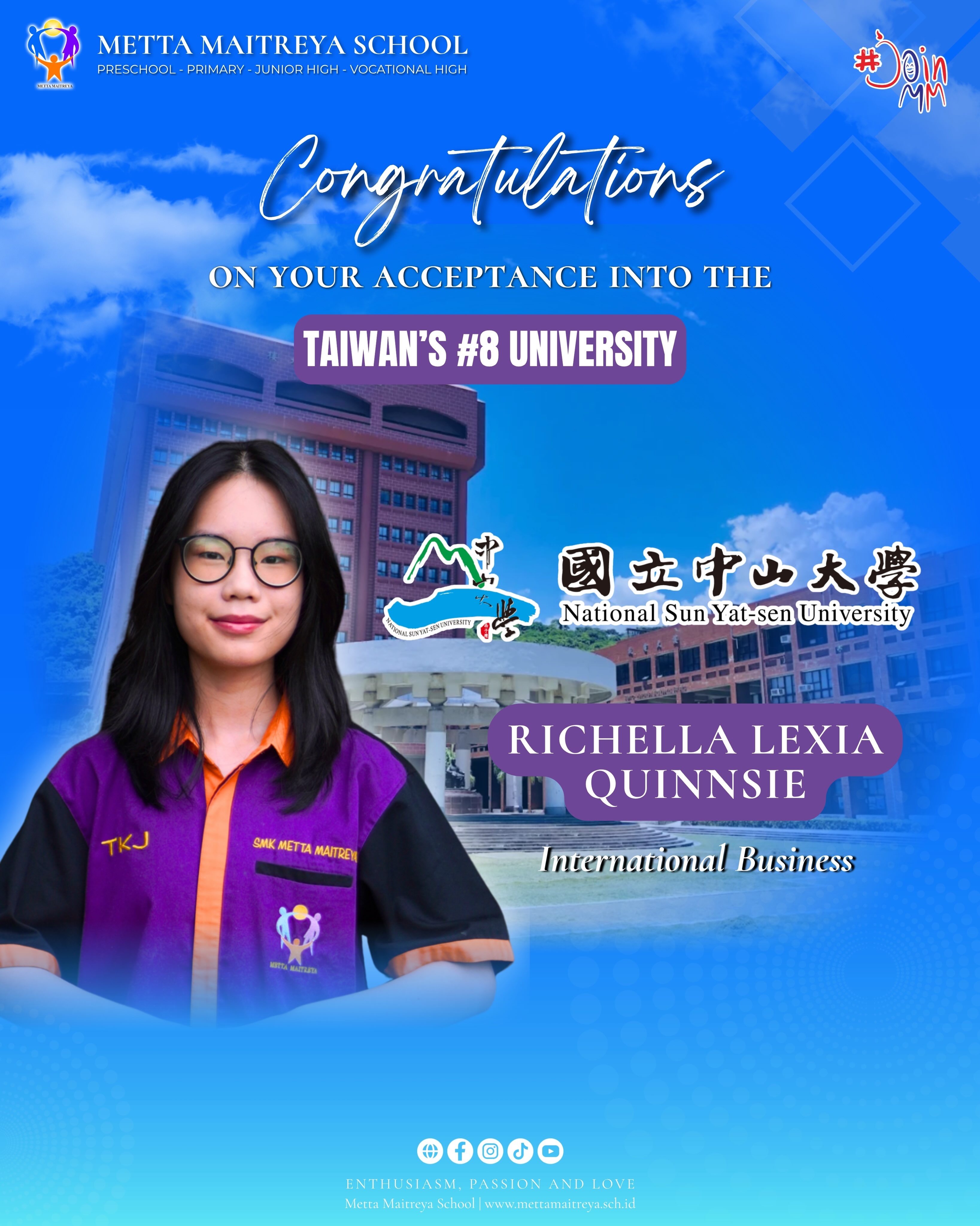 Congratulations to Richella Lexia Quinnsie on her wonderful achievement of being accepted into National Sun Yat-sen University